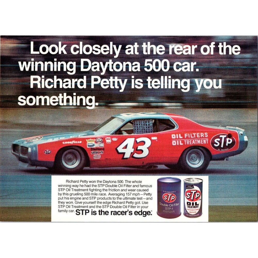1973 Dodge Charger Richard Petty NASCAR Daytona 500 Vintage Print Ad STP Oil